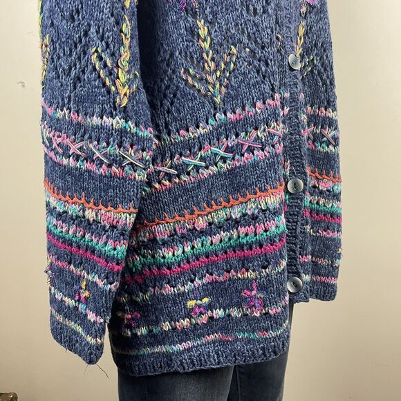 Vintage Express Tricot Hand Knit Multi Color Floral Design Size Large Cardigan - Picture 5 of 12